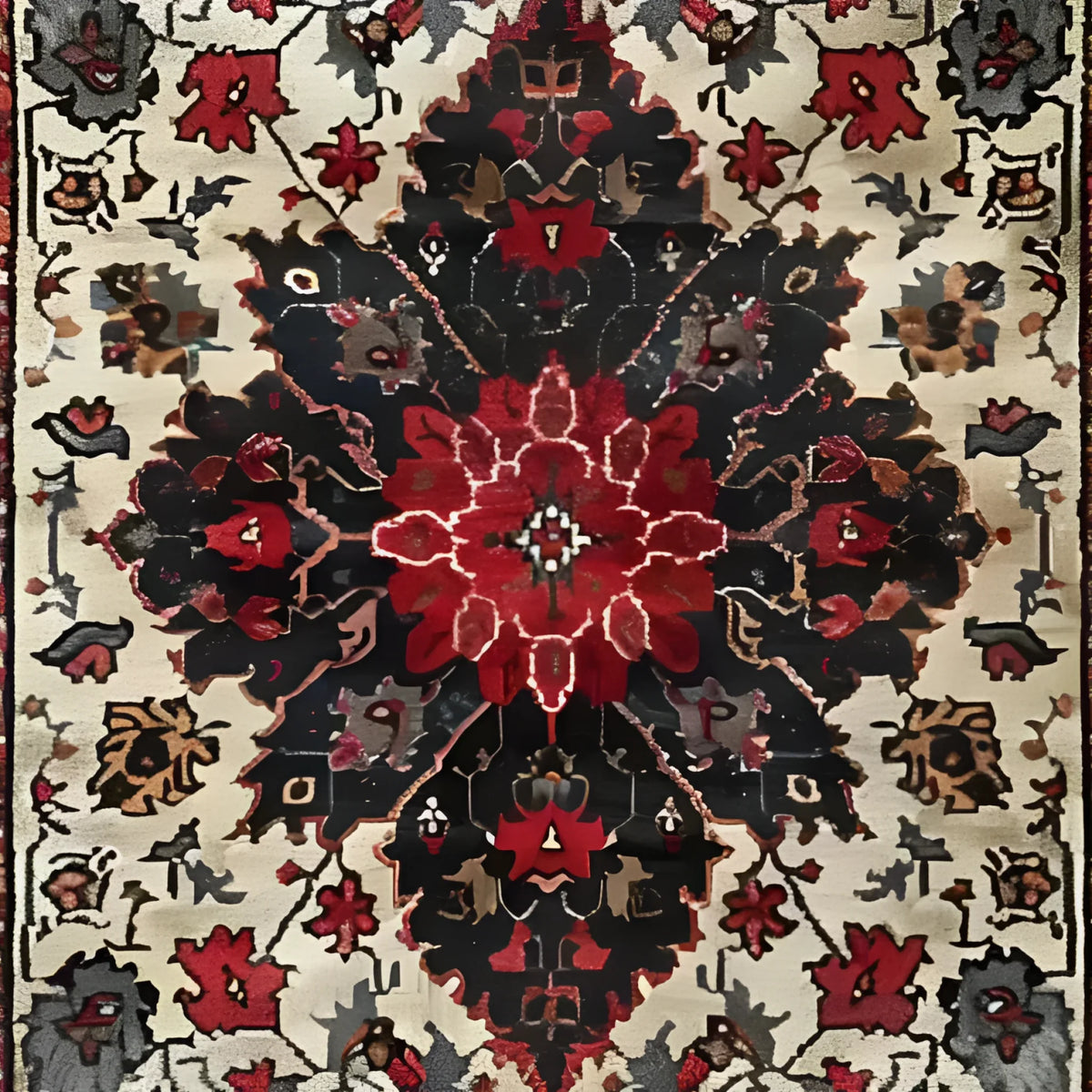 A beautifully detailed Timeless Floral Medley hand-knotted wool rug featuring an intricate floral pattern in rich red, black, and cream tones. This Persian-inspired vintage rug is perfect for enhancing the elegance of any living room or office space. Ideal as an 8x10 area rug, it brings a touch of warmth and sophistication to your decor.