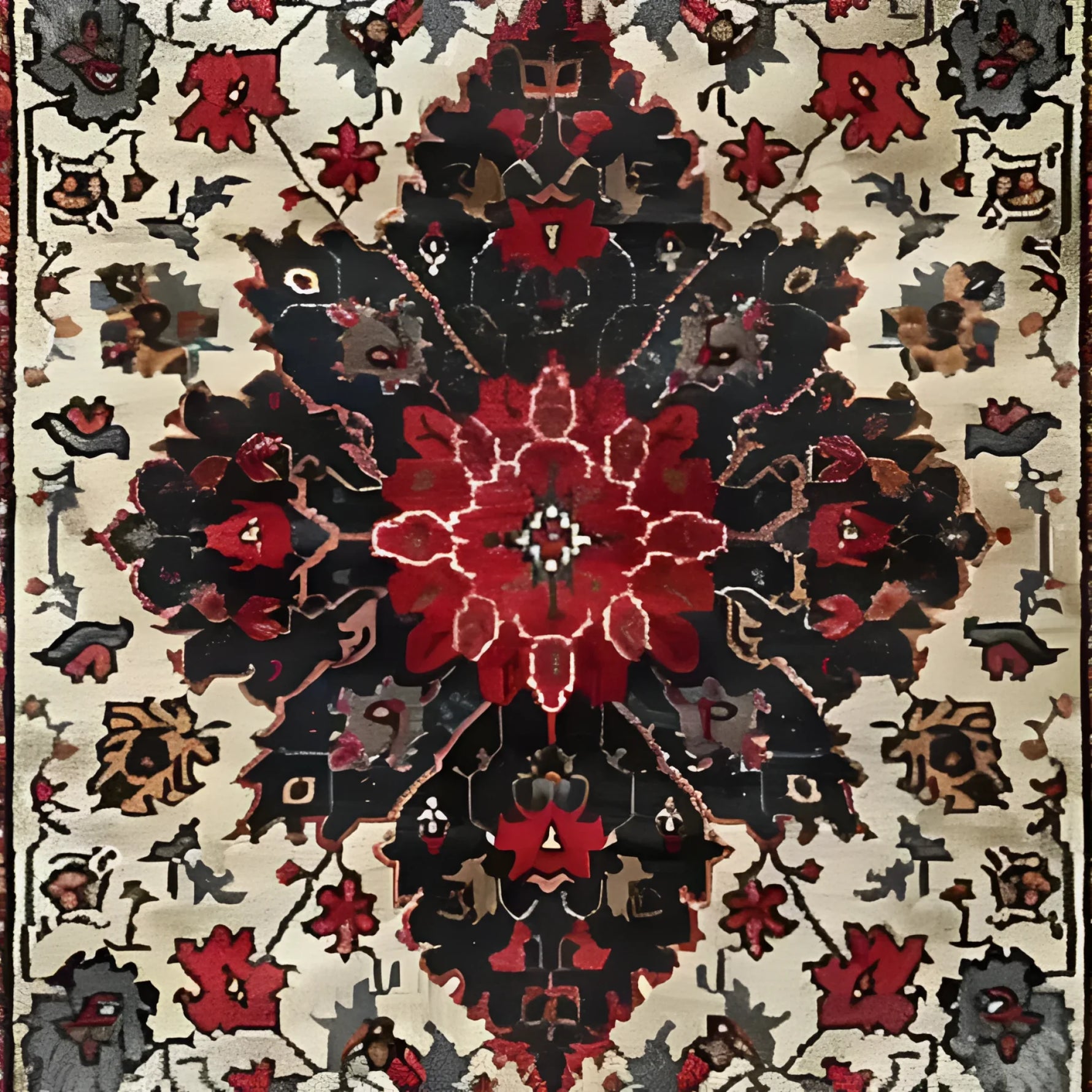A beautifully detailed Timeless Floral Medley hand-knotted wool rug featuring an intricate floral pattern in rich red, black, and cream tones. This Persian-inspired vintage rug is perfect for enhancing the elegance of any living room or office space. Ideal as an 8x10 area rug, it brings a touch of warmth and sophistication to your decor.