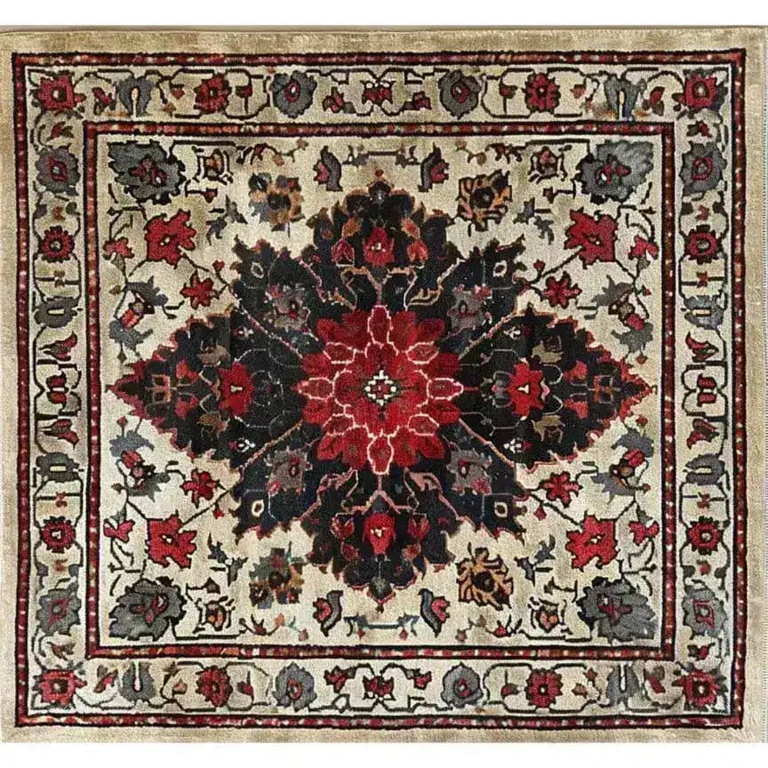 Top view of a Timeless Floral Medley Hand Knotted Wool Rug showcasing a vibrant floral pattern. This vintage Persian area rug, ideal for living rooms or offices, features intricate red and dark motifs on a light background, creating a stunning oriental design perfect for adding elegance to your space.