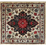 Top view of a Timeless Floral Medley Hand Knotted Wool Rug showcasing a vibrant floral pattern. This vintage Persian area rug, ideal for living rooms or offices, features intricate red and dark motifs on a light background, creating a stunning oriental design perfect for adding elegance to your space.
