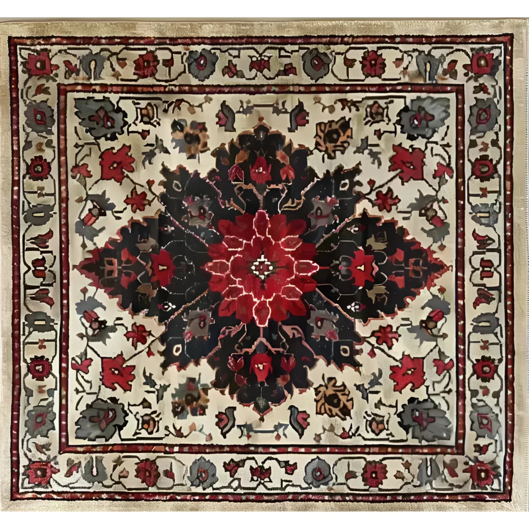 Top view of a Timeless Floral Medley Hand Knotted Wool Rug showcasing a vibrant floral pattern. This vintage Persian area rug, ideal for living rooms or offices, features intricate red and dark motifs on a light background, creating a stunning oriental design perfect for adding elegance to your space.