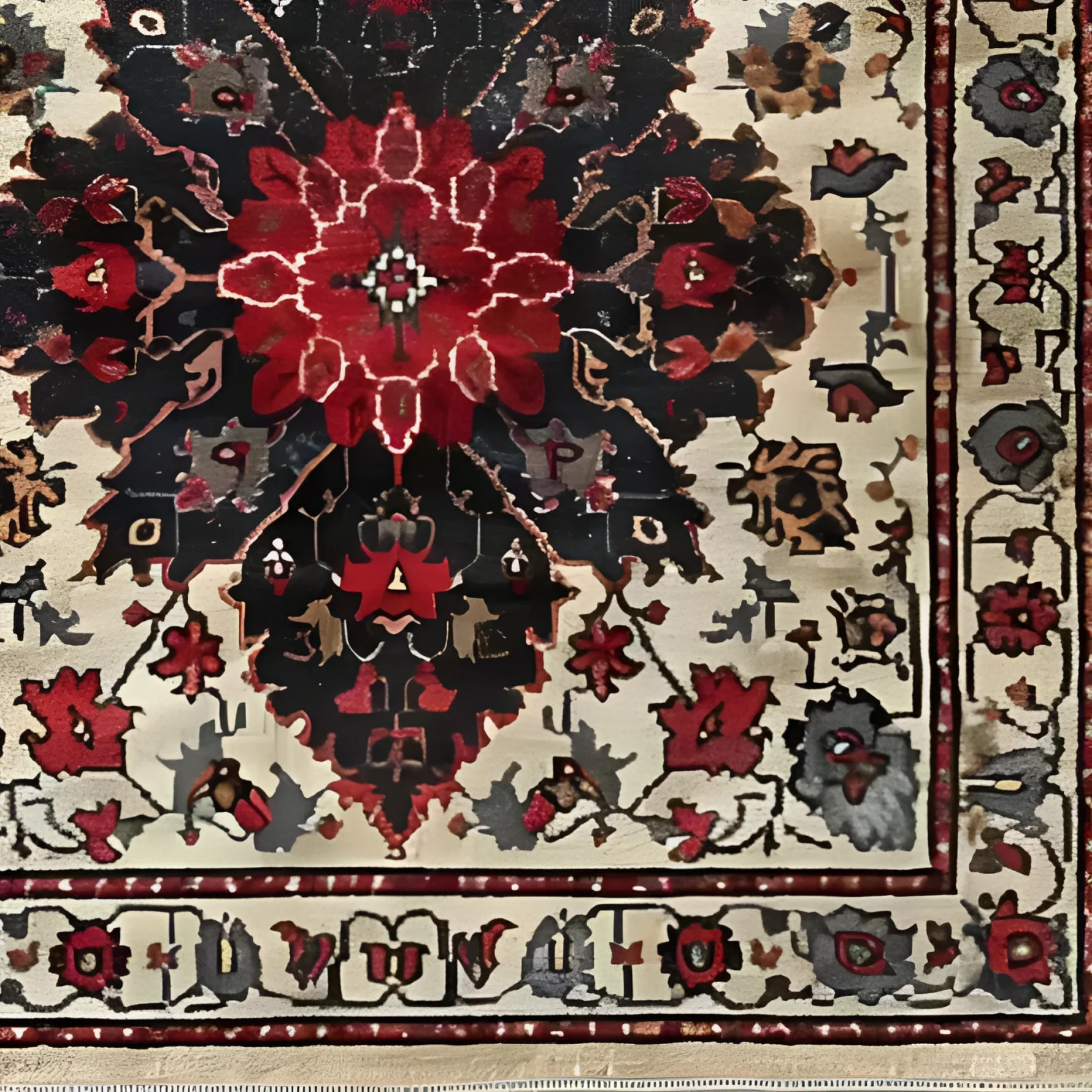 Close-up view of the Timeless Floral Medley Hand Knotted Wool Rug, showcasing intricate floral patterns in vibrant red and black tones on a beige background. Ideal for adding a touch of elegance to your living room or office, this vintage Persian-style area rug is perfect for those seeking 8x10 living room rugs.