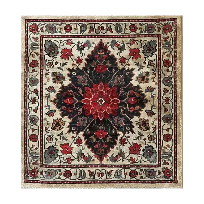 A vibrant Timeless Floral Medley Hand Knotted Wool Rug, showcasing a stunning floral design with rich red and black hues on a beige background. Perfect for adding a touch of elegance to your living room, this Persian-inspired wool rug is an ideal choice for an 8x10 living room area. Its vintage charm and intricate patterns make it a standout piece among living room rugs and office decor.