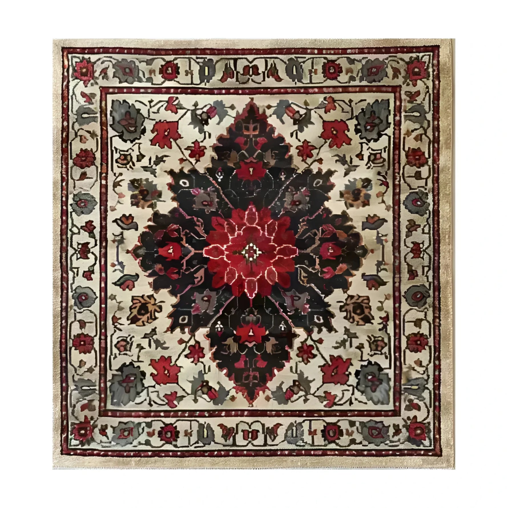 A vibrant Timeless Floral Medley Hand Knotted Wool Rug, showcasing a stunning floral design with rich red and black hues on a beige background. Perfect for adding a touch of elegance to your living room, this Persian-inspired wool rug is an ideal choice for an 8x10 living room area. Its vintage charm and intricate patterns make it a standout piece among living room rugs and office decor.