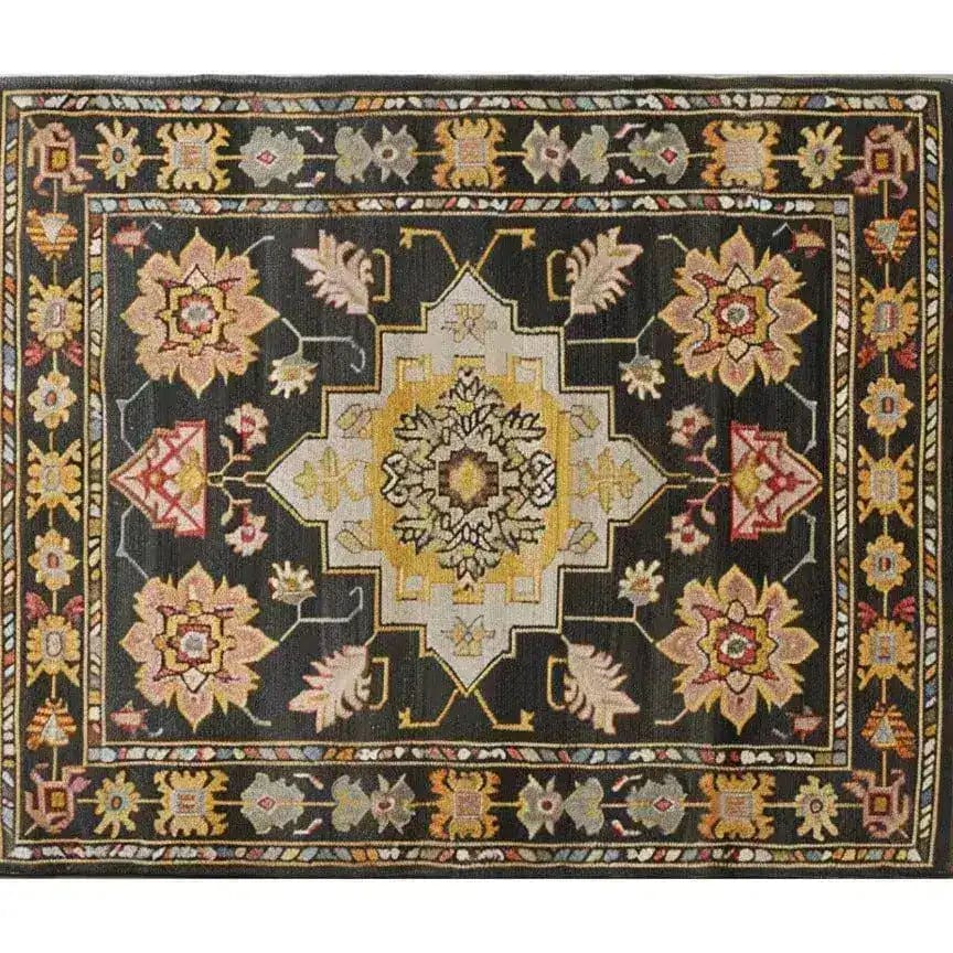 Top view of a Timeless Medallion Hand Knotted Area Rug featuring intricate Persian-inspired patterns with a vintage charm. The rug showcases a central medallion design with rich colors, perfect for enhancing any living room space.