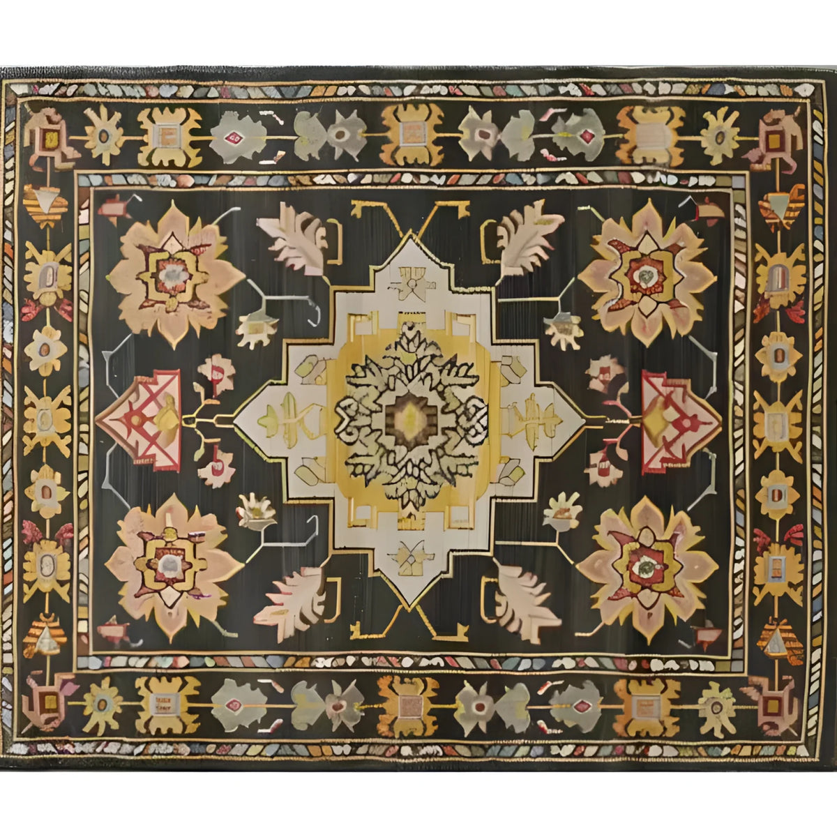 Top view of a Timeless Medallion Hand Knotted Area Rug featuring intricate Persian-inspired patterns with a vintage charm. The rug showcases a central medallion design with rich colors, perfect for enhancing any living room space.