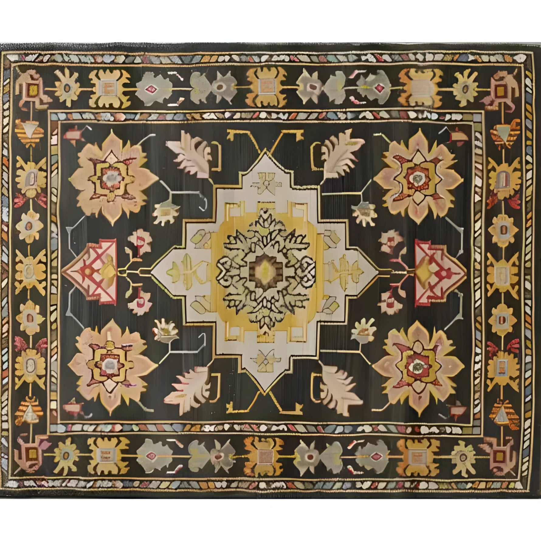 Top view of a Timeless Medallion Hand Knotted Area Rug featuring intricate Persian-inspired patterns with a vintage charm. The rug showcases a central medallion design with rich colors, perfect for enhancing any living room space.