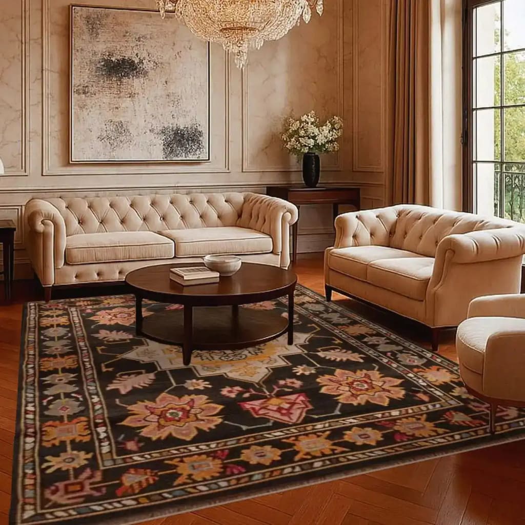 Elegant living room featuring a Timeless Medallion Hand Knotted Area Rug with intricate Persian rug designs. The vintage rug adds a sophisticated touch to the area rugs for living room setup, complementing the plush sofas and elegant decor.