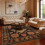 Elegant living room featuring a Timeless Medallion Hand Knotted Area Rug with intricate Persian rug designs. The vintage rug adds a sophisticated touch to the area rugs for living room setup, complementing the plush sofas and elegant decor.