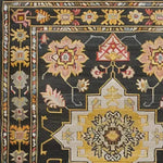 Close-up view of a Timeless Medallion Hand Knotted Area Rug featuring intricate Persian-inspired designs with floral patterns in warm tones on a dark background, perfect for adding a vintage touch to any living room.
