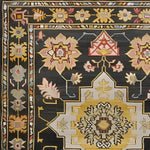 Close-up view of a Timeless Medallion Hand Knotted Area Rug featuring intricate Persian-inspired designs with floral patterns in warm tones on a dark background, perfect for adding a vintage touch to any living room.