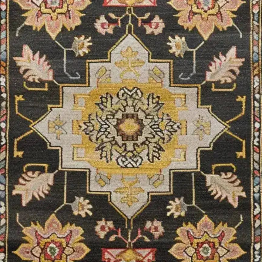 Close-up of a Timeless Medallion Hand Knotted Area Rug showcasing intricate Persian design with floral and geometric patterns in rich colors, perfect for adding a vintage touch to your living room.