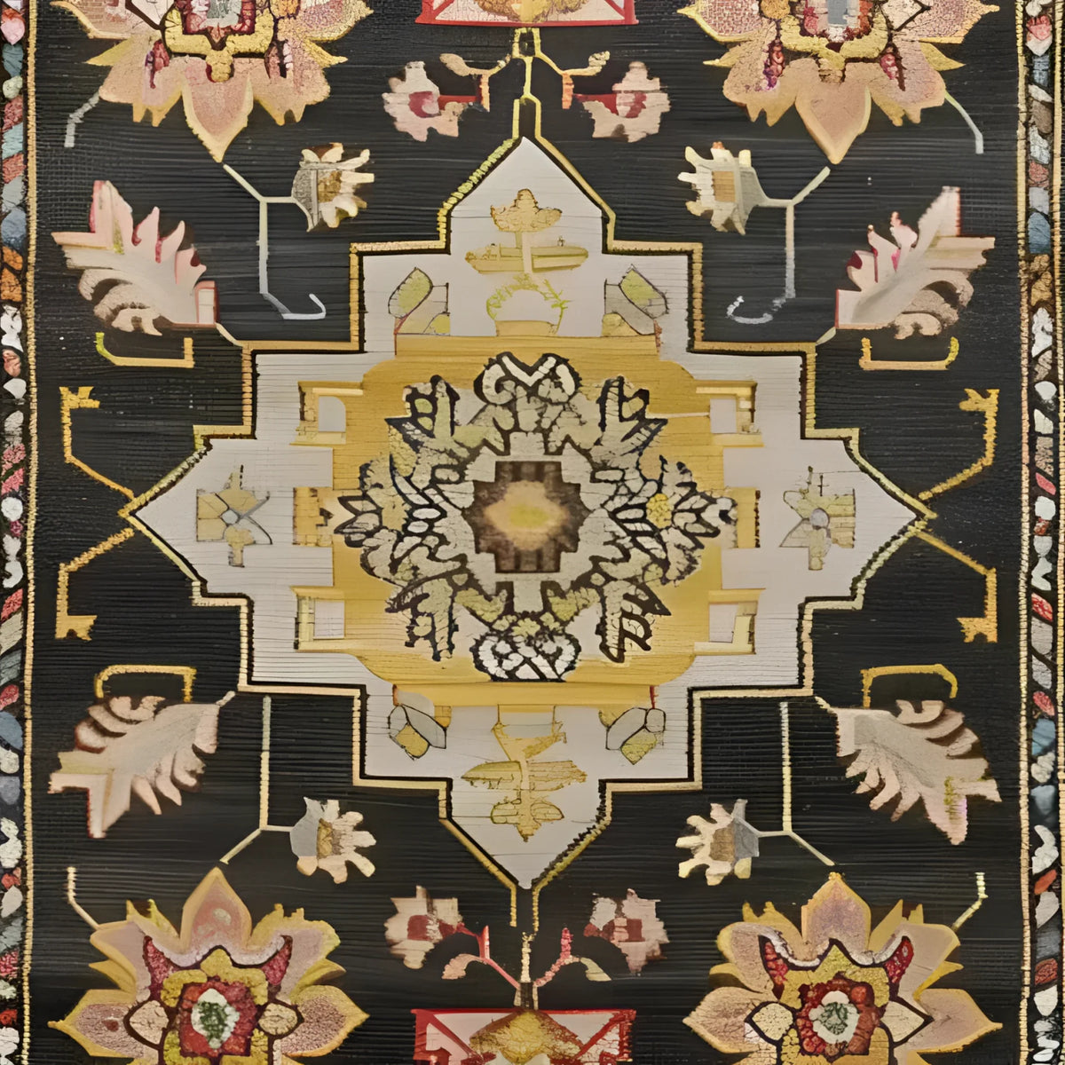 Close-up of a Timeless Medallion Hand Knotted Area Rug showcasing intricate Persian design with floral and geometric patterns in rich colors, perfect for adding a vintage touch to your living room.
