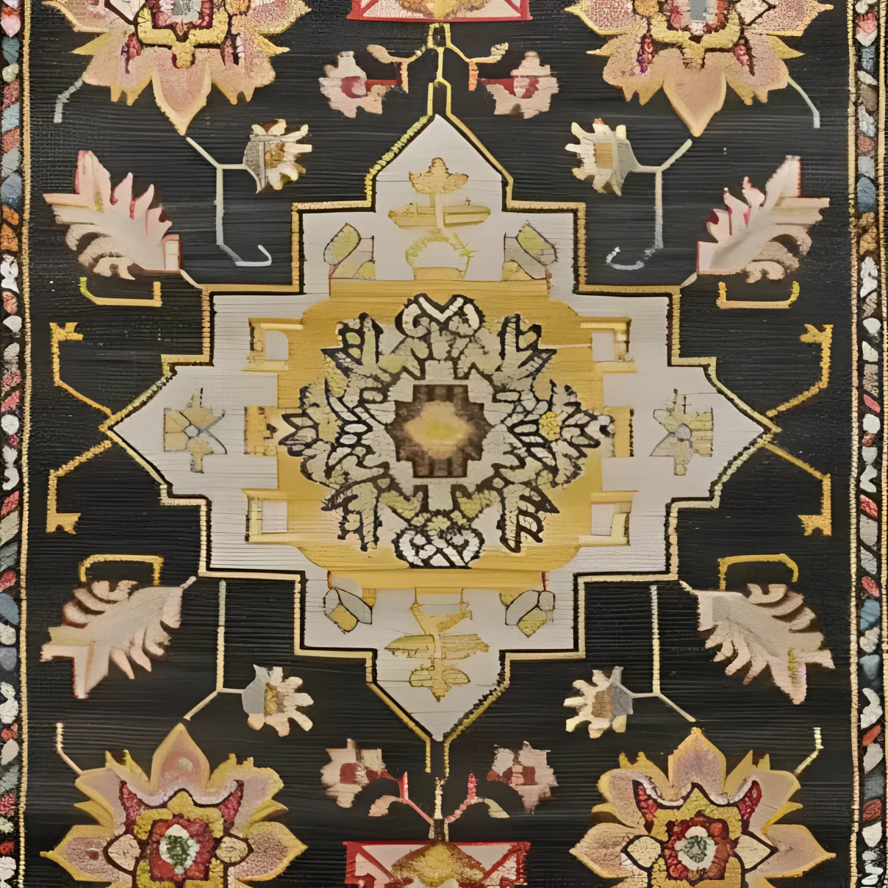 Close-up of a Timeless Medallion Hand Knotted Area Rug showcasing intricate Persian design with floral and geometric patterns in rich colors, perfect for adding a vintage touch to your living room.
