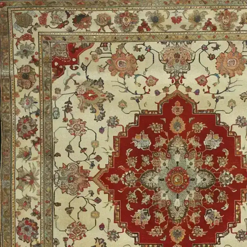 Elegant Timeless Petals Hand Knotted Area Rug featuring intricate Persian rug designs. This large, square wool rug is perfect for dining room spaces, showcasing a vintage-inspired floral pattern with rich red and cream tones, ideal for those seeking classic dining room carpets.