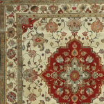 Elegant Timeless Petals Hand Knotted Area Rug featuring intricate Persian rug designs. This large, square wool rug is perfect for dining room spaces, showcasing a vintage-inspired floral pattern with rich red and cream tones, ideal for those seeking classic dining room carpets.