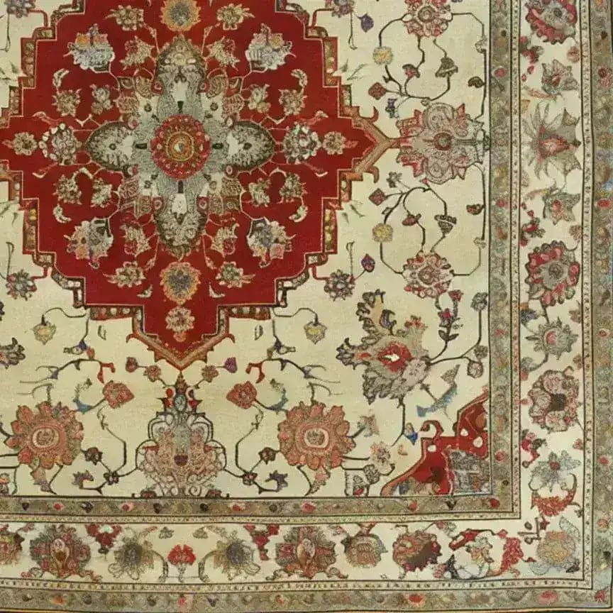 A beautifully intricate Timeless Petals Hand Knotted Area Rug showcasing a classic Persian design. This vintage wool rug features a rich red central medallion with elaborate floral patterns in beige and earth tones. Perfect for adding an elegant touch to dining room carpets, this large square area rug blends tradition with luxury, ideal for those seeking exquisite dining room area rugs.