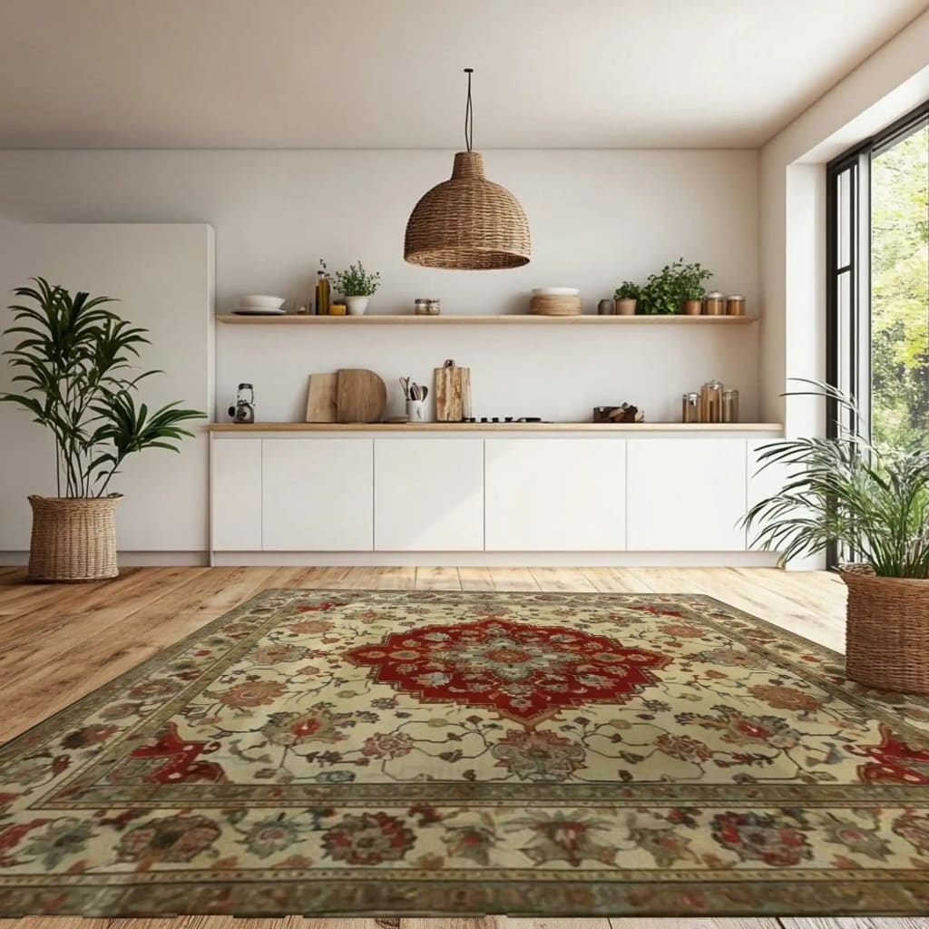 A beautifully designed Timeless Petals Hand Knotted Area Rug graces a modern dining room space. This square wool rug features intricate Persian-inspired patterns with rich red and beige tones, complementing the wooden floor and minimalist white cabinetry. The large vintage rug adds elegance and warmth, making it a perfect dining room carpet choice.