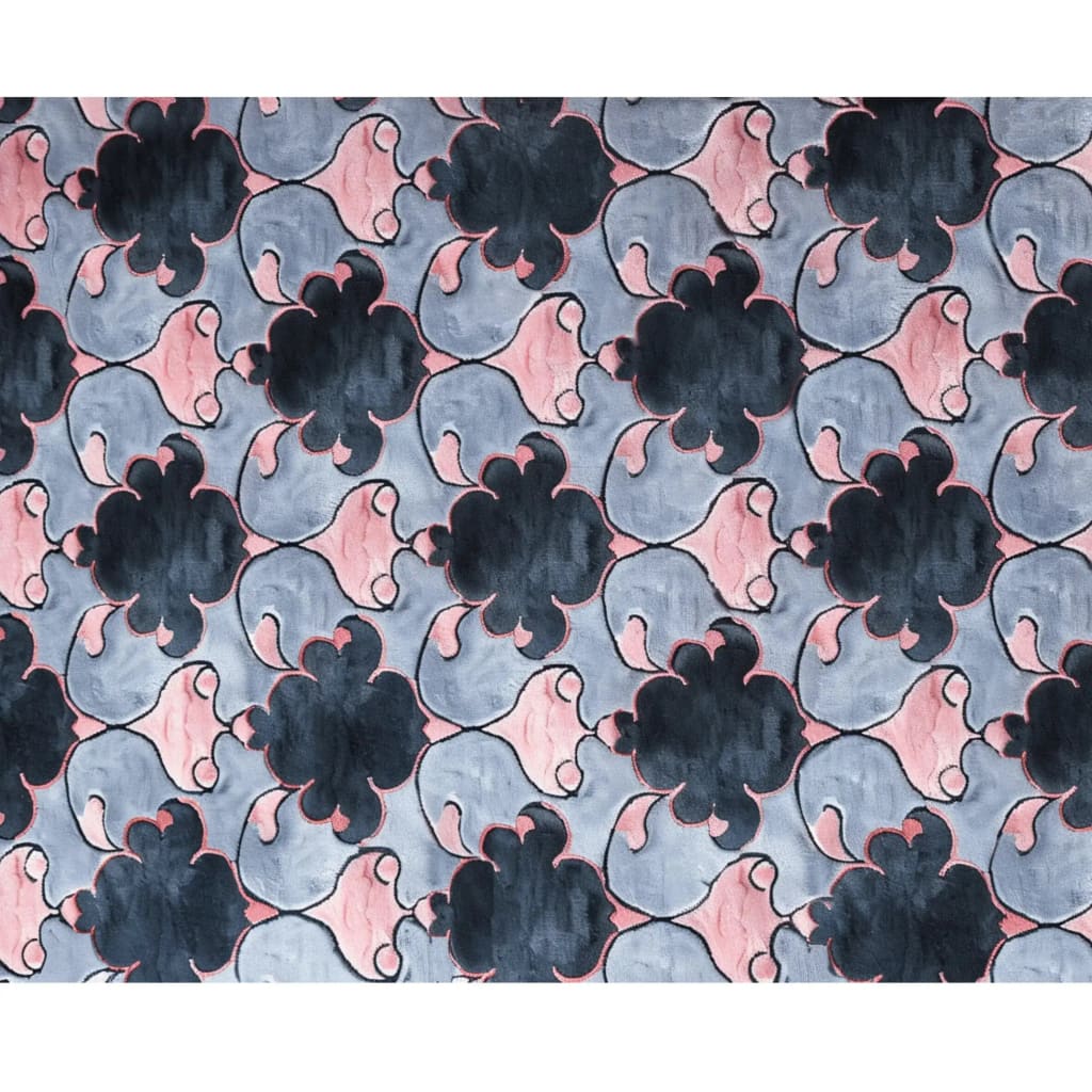 Top view of the Timeless Symmetry Hand Tufted Area Rug showcasing its intricate vintage pattern. The wool rug features a harmonious blend of soft pink and deep blue hues, perfect for adding a contemporary touch to living rooms. Ideal for those seeking 8x10 living room rugs that offer both style and comfort.