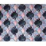 Top view of the Timeless Symmetry Hand Tufted Area Rug showcasing its intricate vintage pattern. The wool rug features a harmonious blend of soft pink and deep blue hues, perfect for adding a contemporary touch to living rooms. Ideal for those seeking 8x10 living room rugs that offer both style and comfort.