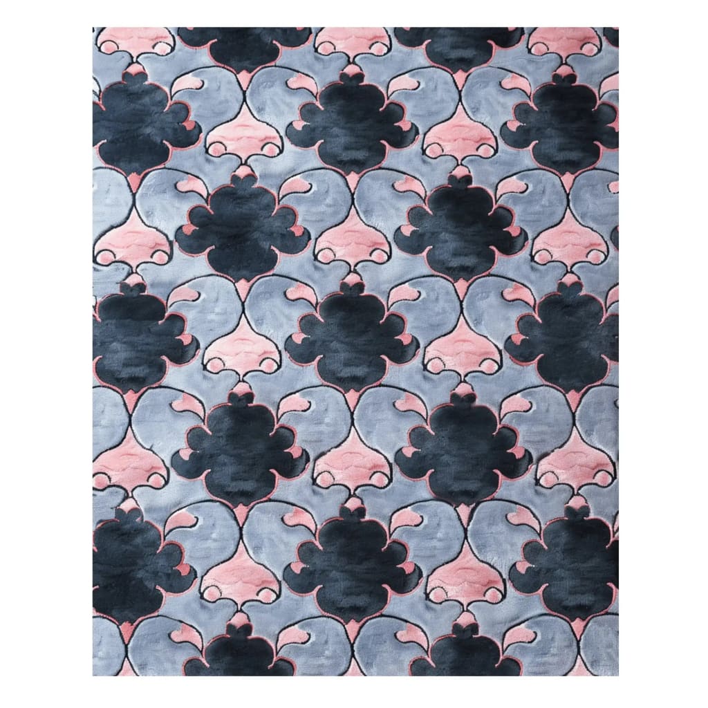 Top view of the Timeless Symmetry Hand Tufted Rug showcasing its elegant design in soft pink and deep black against a soothing gray background. This wool area rug is perfect for adding a touch of sophistication to a living room, fitting well as an 8x10 piece. Its vintage yet contemporary pattern makes it an ideal choice for those seeking stylish rugs for living rooms.