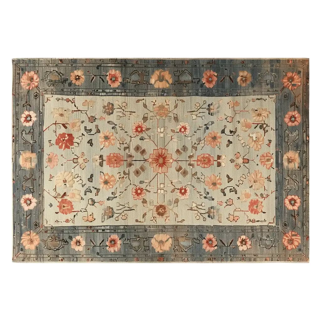 A beautifully designed area rug featuring intricate floral patterns in warm tones against a cool blue background. This hand-tufted wool rug is perfect for adding elegance to your living room. Ideal for those looking for rugs for living room or living room rugs 8x10.