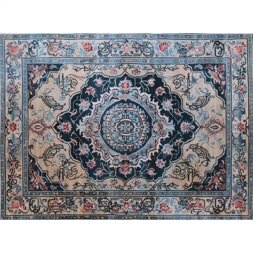 A beautifully designed area rug showcasing a vintage pattern with intricate floral motifs in rich blues and reds, perfect for enhancing both dining room and living room spaces. This wool rug embodies timeless elegance, making it an ideal choice for dining room carpets and living room area rugs.