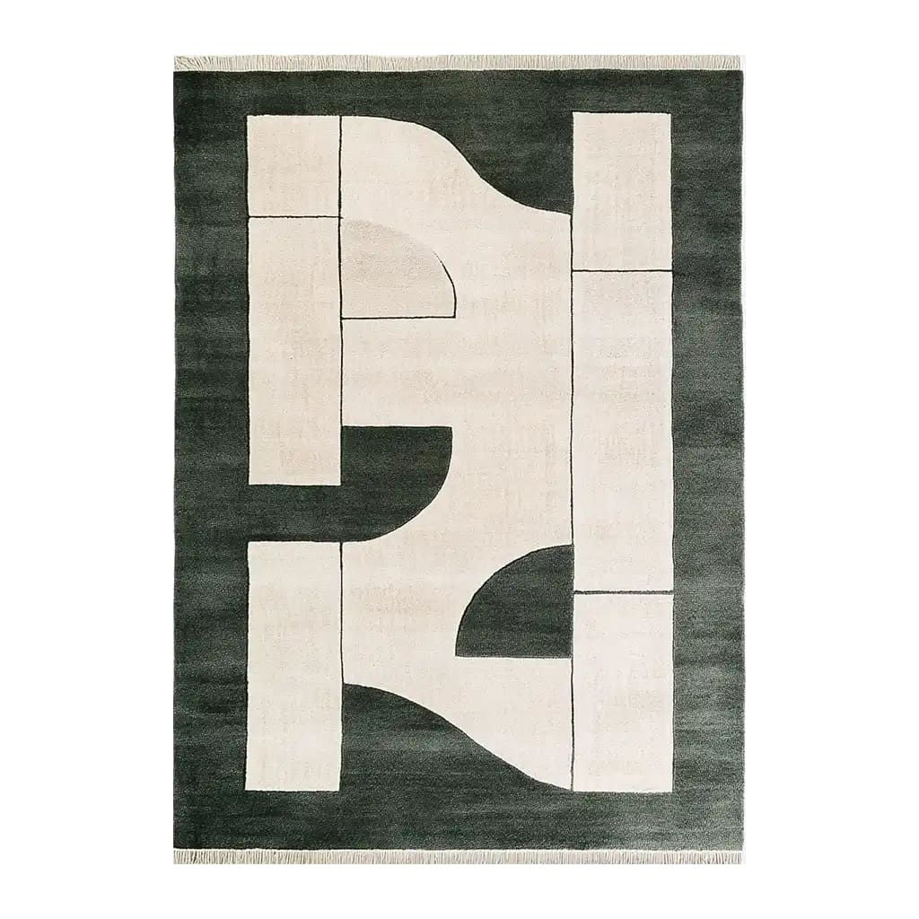 Discover the Timeless Vortex Knotted Wool Rug, a stunning area rug perfect for your living room. This contemporary rug features an abstract design in contrasting ivory and dark green tones, ideal for adding a touch of modern elegance to any space. Sized at 8x10, it's an excellent choice for living room rugs. The intricate knotted wool construction ensures durability and a soft feel underfoot.