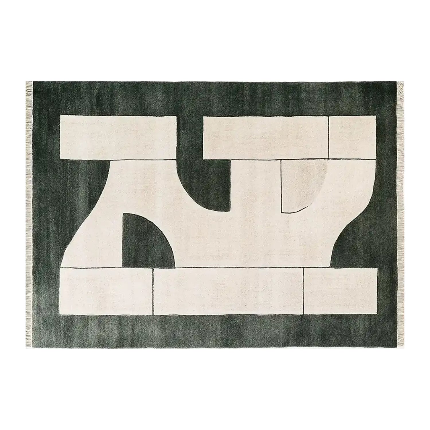 Top view of the Timeless Vortex Knotted Wool Rug, an elegant area rug perfect for contemporary living rooms. The abstract black and white geometric design adds a modern touch to any space, ideal for those seeking stylish rugs for living room settings. This 8x10 wool rug combines durability with artistic flair.