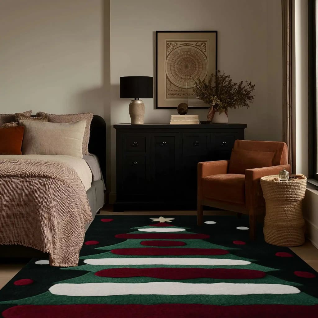 A cozy living room featuring the Tinsel & Snow Hand Tufted Area Rug, showcasing a festive design with red and green abstract patterns. The wool rug adds warmth and style to the space, perfectly sized for living rooms 8x10. An elegant choice for any living room or office setting.