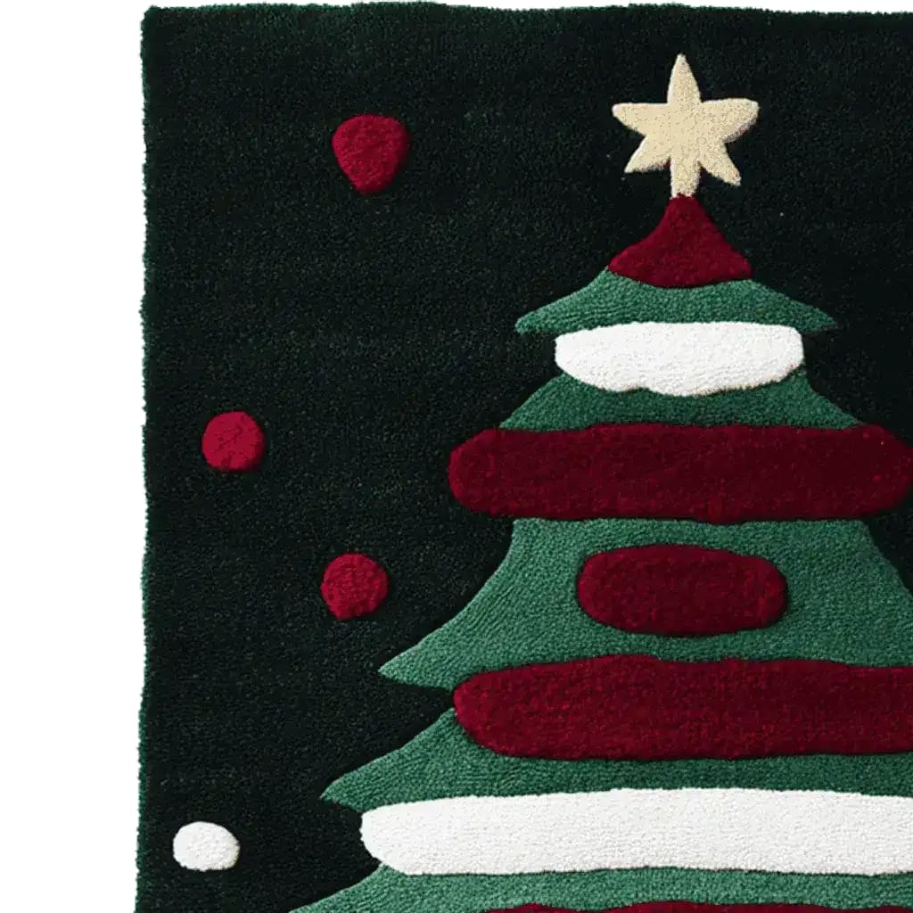 Festive Tinsel & Snow Hand Tufted Area Rug featuring a Christmas tree with green, red, and white accents, ideal for the living room. This wool rug adds a cozy holiday touch to any space, perfect for living room rugs 8x10 or office decor.