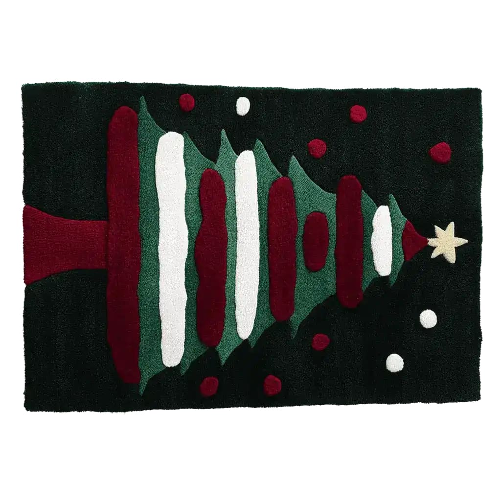 Festive area rug featuring a Christmas tree design in rich green, red, and white colors, perfect for adding holiday charm to your living room or office. This wool rug is an ideal choice for living room rugs 8x10, enhancing your home decor with seasonal flair.