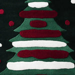 Close-up of a hand-tufted area rug featuring a festive Christmas tree design with red and white accents, perfect for adding a cozy touch to a living room or office. This wool rug is ideal for those looking for living room rugs 8x10 or area rugs for a living room.