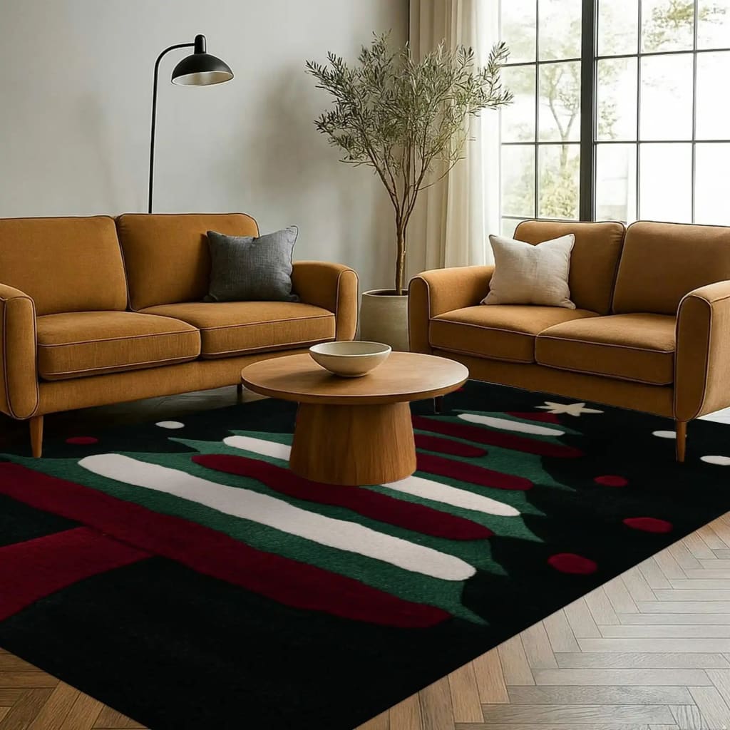 A cozy living room featuring a stylish area rug with abstract patterns in shades of red, green, and white. The wool rug complements the modern decor with two mustard-colored sofas, a round wooden coffee table, and a floor lamp, creating an inviting atmosphere. Ideal for living room rugs 8x10, this area rug adds warmth and elegance to any space, making it perfect for both home and office settings.