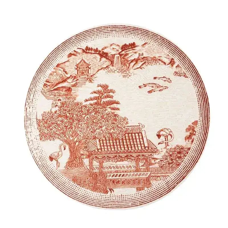 This beautiful round area rug features a detailed Chinoiserie garden and temple design. The intricate patterns and warm tones make it a perfect choice for rugs in the living room. Ideal for those seeking an 8x10 living room rug with a unique artistic flair.