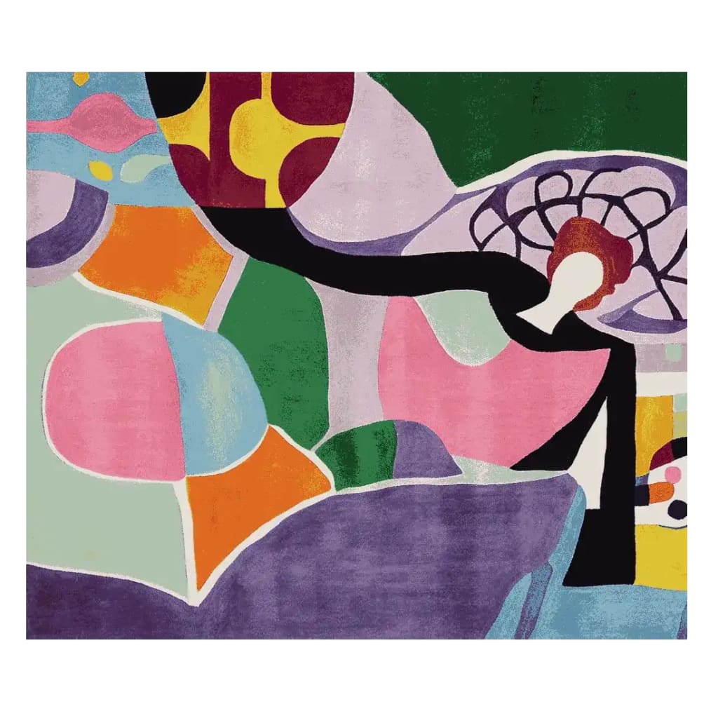 Vibrant and eye-catching area rug featuring an abstract design with bold colors, perfect for enhancing large living room spaces. This contemporary wool rug combines a mix of green, pink, orange, and purple hues, creating a stunning centerpiece for any modern home decor.