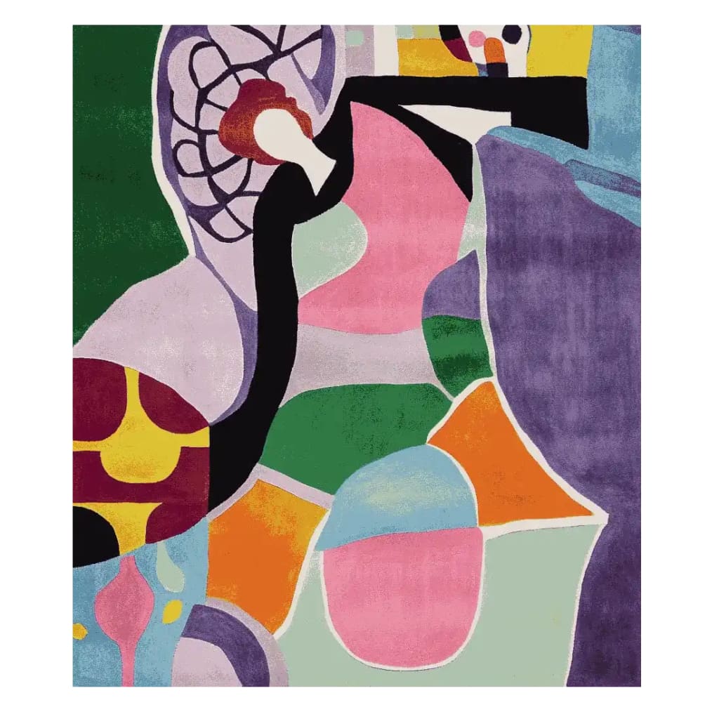 Vibrant and colorful abstract design on a hand tufted area rug, ideal for contemporary living room spaces. This large wool rug features bold patterns in pink, purple, green, orange, and yellow, adding a modern artistic touch to any room.