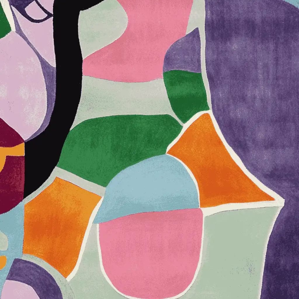 A vibrant, contemporary area rug featuring an abstract design with bold, colorful shapes in shades of pink, green, orange, and purple. Perfect for adding a pop of color to large living room spaces, this wool rug showcases a unique hand-tufted texture, ideal for those seeking modern living room area rugs.