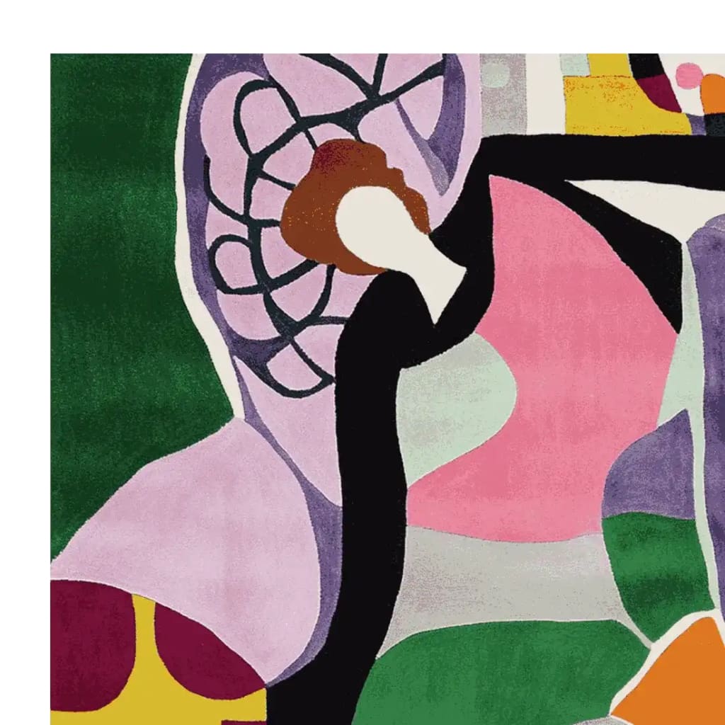 A vibrant, abstract design on a hand-tufted area rug, featuring a mix of bold colors like green, pink, and purple. This contemporary wool rug is perfect for adding a pop of color to large living room spaces, showcasing intricate patterns and dynamic shapes.