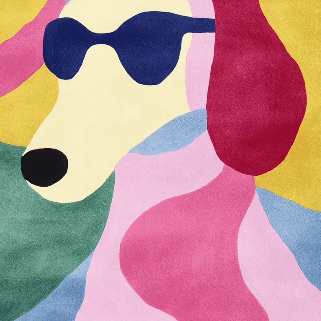 Vibrant hand-tufted area rug, featuring a playful abstract design of a dog with sunglasses in bold colors. Perfect for adding a contemporary touch to large living rooms, this wool rug combines style and comfort for the ultimate chic look.