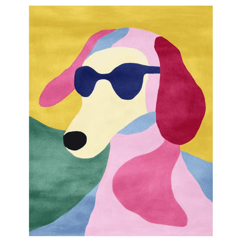 Vibrant and contemporary area rug featuring an abstract design of a dog wearing sunglasses. This large wool rug is perfect for adding a playful touch to your living room decor. The colorful patterns make it an ideal choice for those seeking unique rugs for living room spaces.
