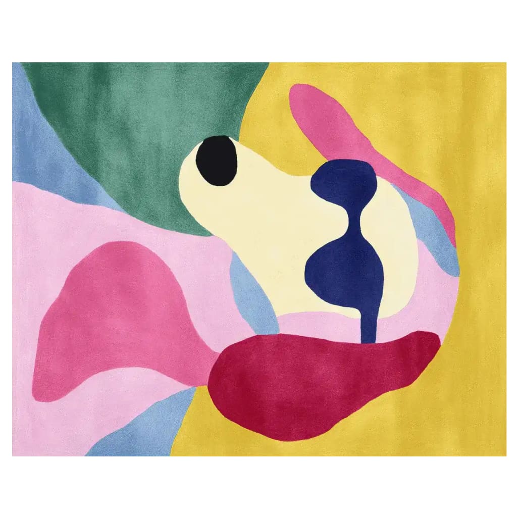 Vibrant hand-tufted area rug featuring abstract shapes in bold colors like pink, green, yellow, and blue. Ideal for adding a contemporary touch to any living room, this wool rug is perfect for those seeking large living room rugs that make a statement.