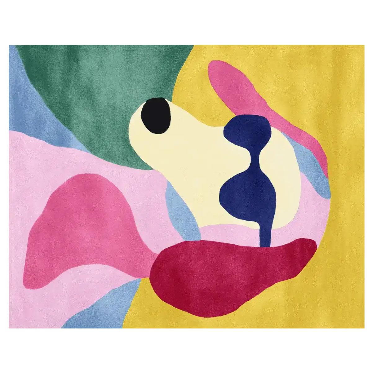 Vibrant hand-tufted area rug featuring abstract shapes in bold colors like pink, green, yellow, and blue. Ideal for adding a contemporary touch to any living room, this wool rug is perfect for those seeking large living room rugs that make a statement.