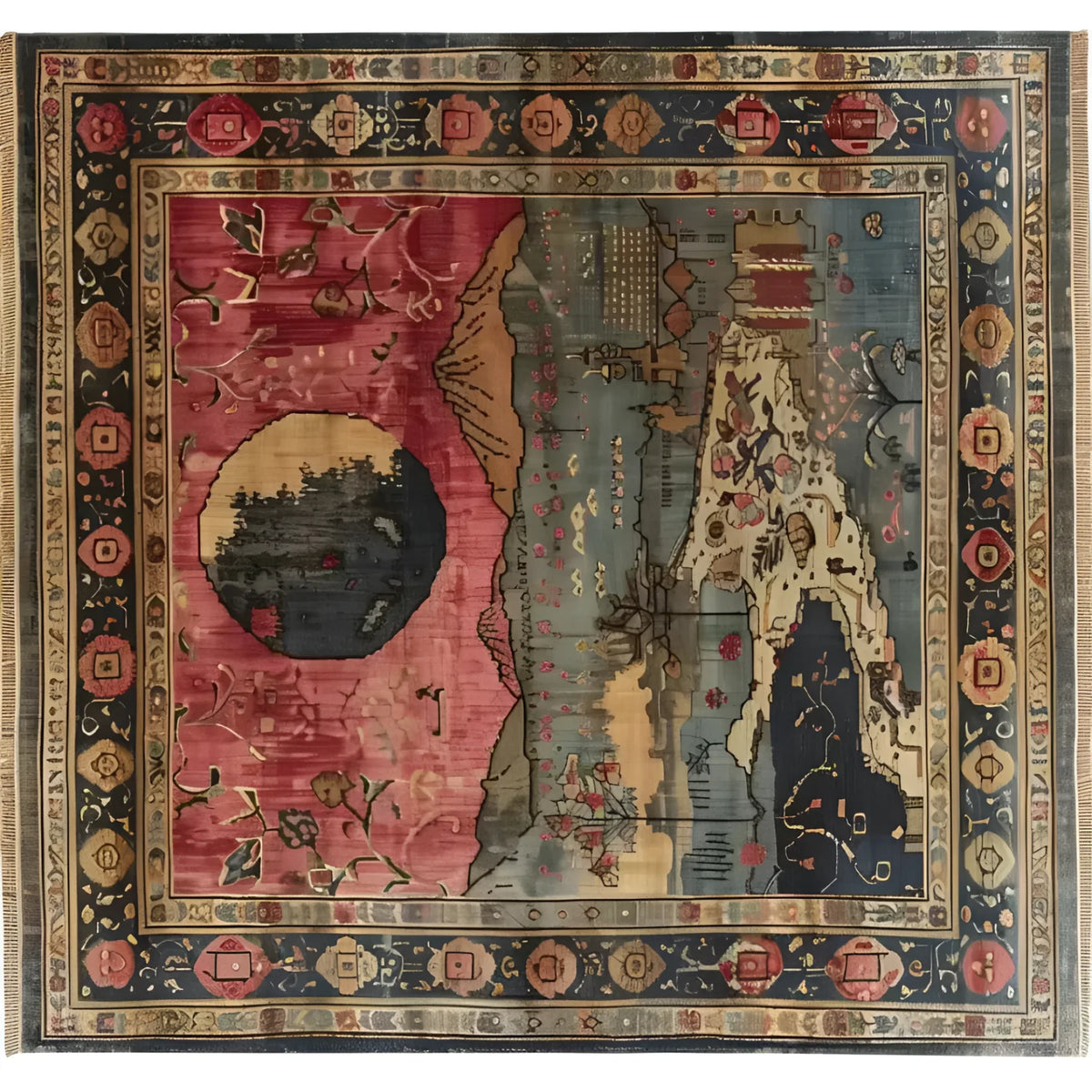Top view of a countryside charm hand-knotted area rug, featuring a vintage design with intricate patterns in rich colors. This square wool rug is perfect for adding a touch of elegance to your living room or office space. Ideal as an area rug for living room settings, its artistic details bring a cozy, timeless feel.