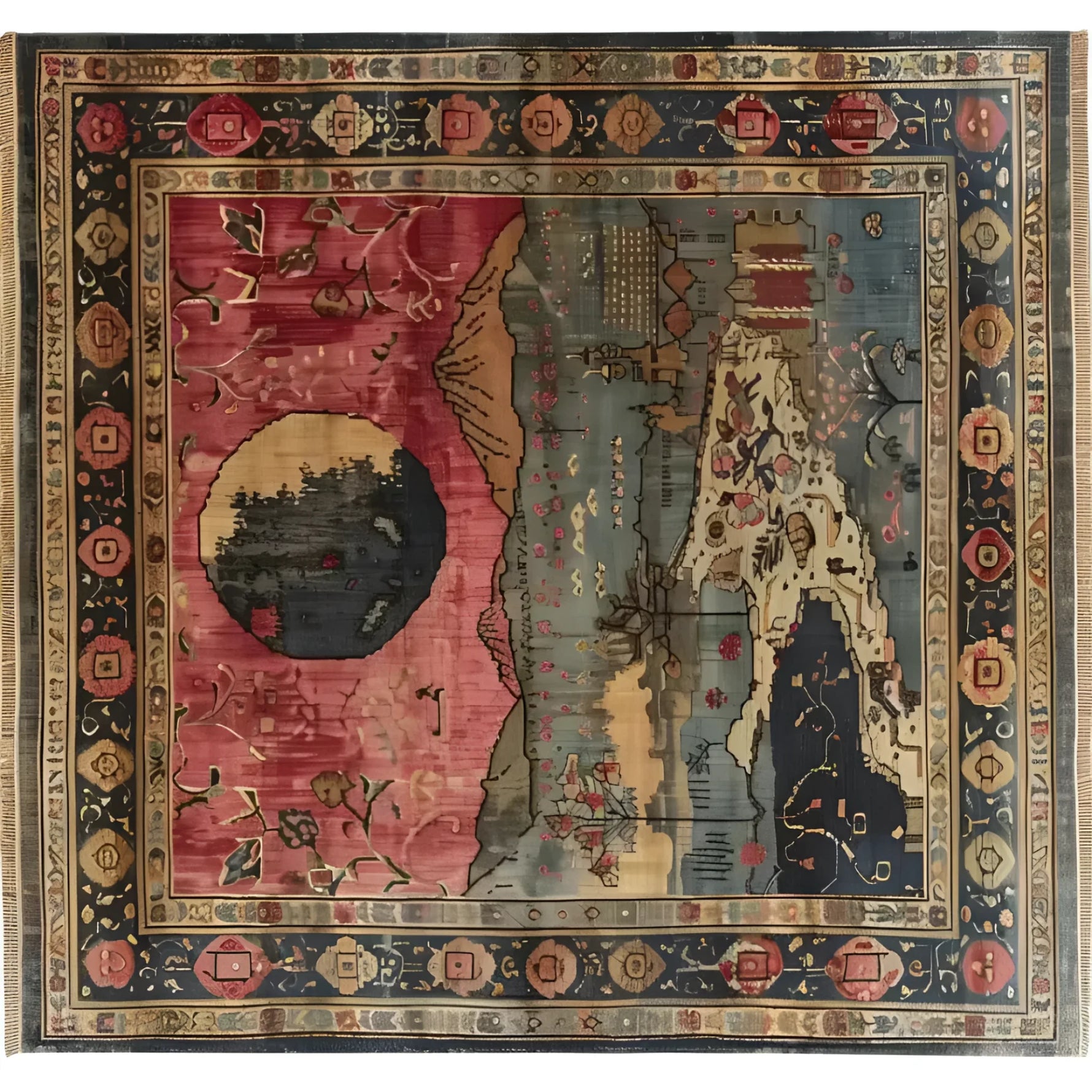 Top view of a countryside charm hand-knotted area rug, featuring a vintage design with intricate patterns in rich colors. This square wool rug is perfect for adding a touch of elegance to your living room or office space. Ideal as an area rug for living room settings, its artistic details bring a cozy, timeless feel.
