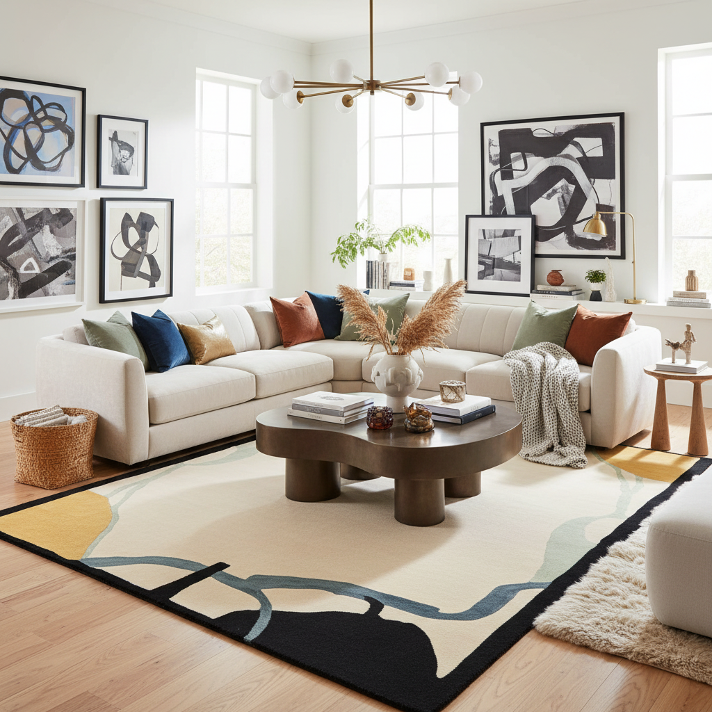 Modern living room with a sectional sofa, coffee table, an abstract wool rug, and abstract art on the walls.