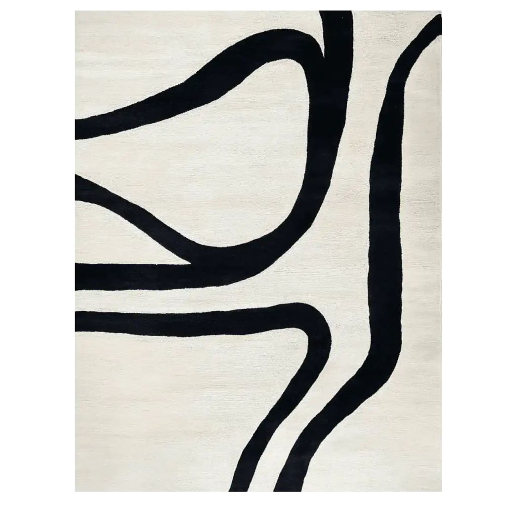 A contemporary area rug featuring a hand-tufted design with bold black lines on a cream background, perfect for modern living rooms. This wool rug offers an abstract and stylish touch to any space.
