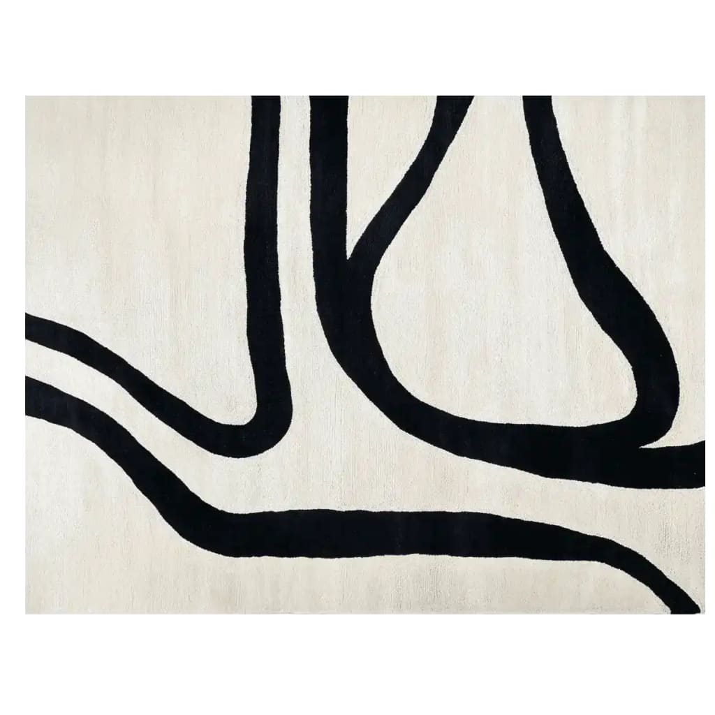 Trace Lines Hand Tufted Area Rug featuring a modern abstract design with bold black lines on a soft cream background. Ideal for enhancing the aesthetics of your living room, this contemporary wool rug combines style with comfort.