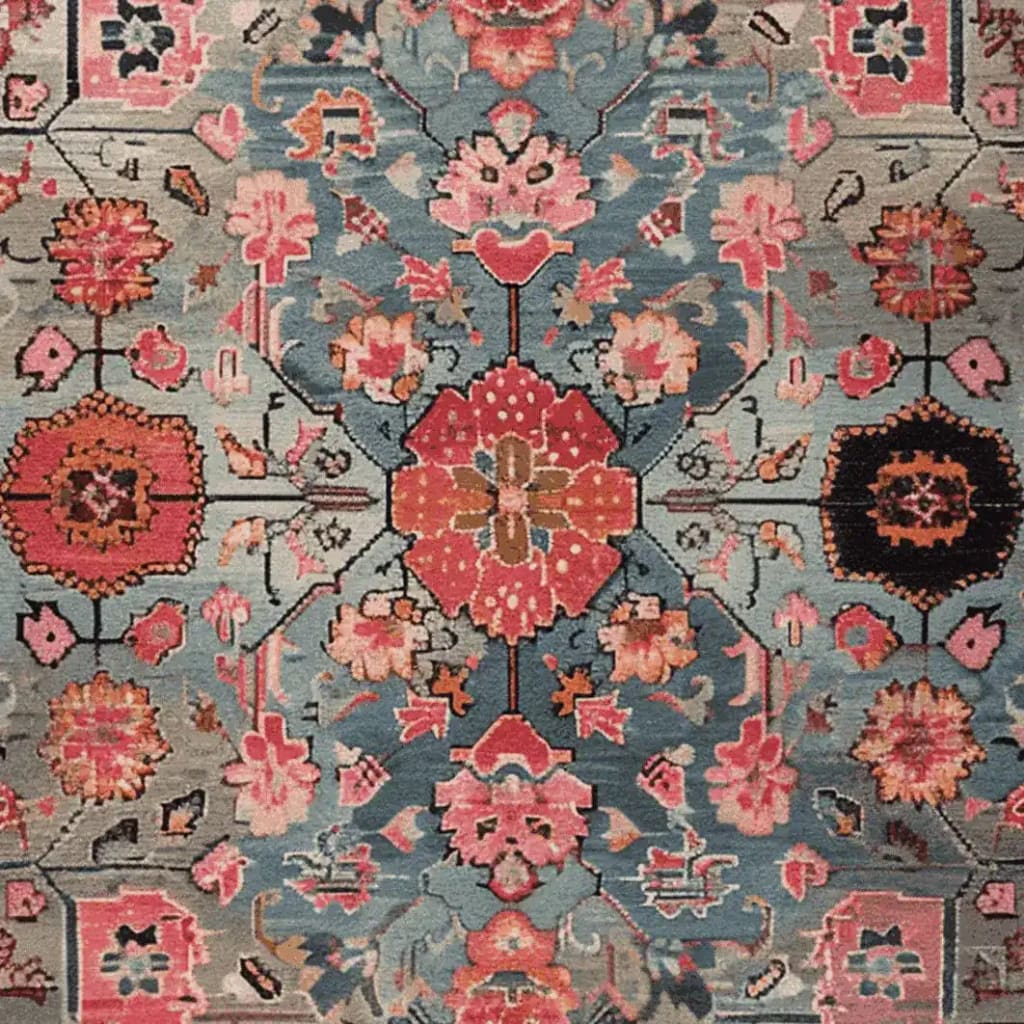 Vibrant hand-tufted floral area rug featuring intricate mosaic patterns in rich shades of red, blue, and pink, perfect for large living rooms. This wool rug adds a touch of elegance and warmth, making it an ideal choice for area rugs for living room settings.