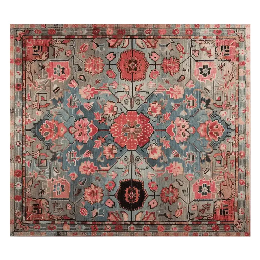 A vibrant, hand-tufted floral rug featuring an intricate mosaic design with rich red, blue, and beige tones, perfect for large living rooms. This wool area rug adds a touch of elegance and warmth to any living space.
